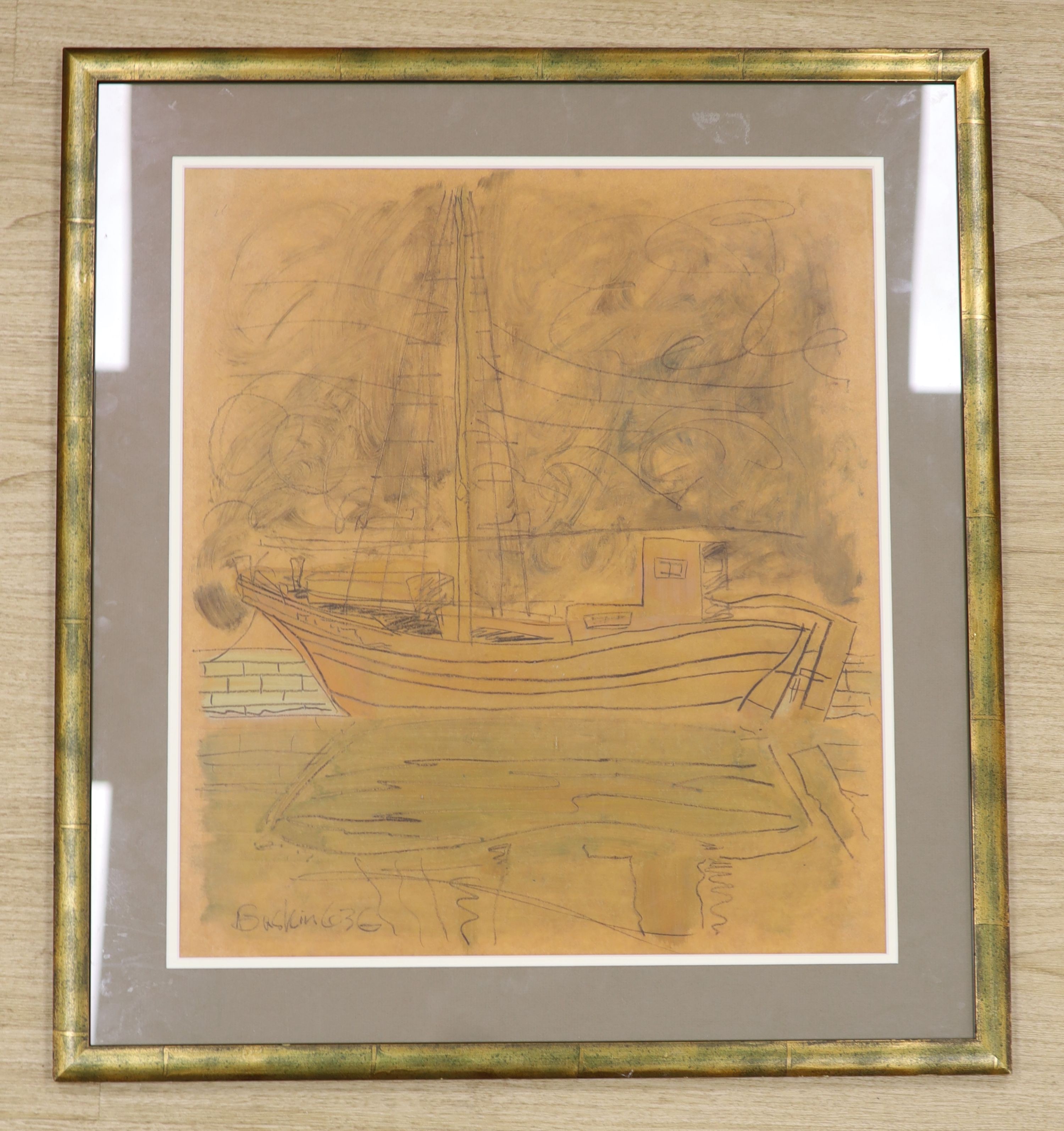 Leonard Baskin (1922-2000), mixed media on paper, Fishing boat in harbour, signed and dated '63, 55 x 48cm